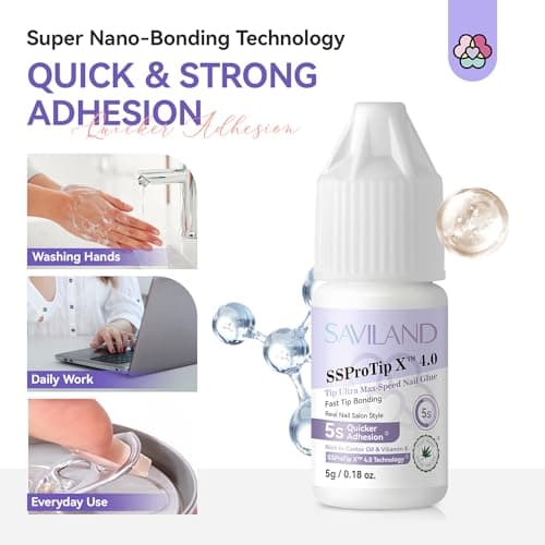 SAVILAND Nail Glue for Press Ons: 5S Fast-Drying Acrylic Nail 0.18 Oz. Nail Tip Extra Strength Nail Gel Glue Castor Oil Vitamin E Hypoallergenic Long Lasting for Fake Nail Tips No Cure Salon - Thumbnail 5
