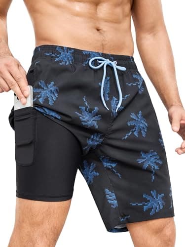 SILKWORLD Mens Swimming Trunks with Compression Liner 2 in 1 Quick-Dry 9" Swim Shorts with Zipper Pockets, Black Coconut Tree, X-Large - Image 1