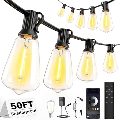 Skoiuc 50ft-LED-Lights-Outdoor-Waterproof-String Lights-Patio-Outside-Porch-Backyard-Garden-Gazebo-Yard-Deck-Balcony-Party-Camping-House-Hanging-Lighting-Bulb-Remote-Bluetooth-Hanging-Edison-ST38 - Image 1