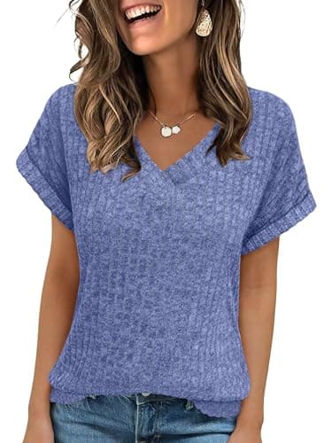 ANRABESS Women Tops Summer Sweaters Short Sleeve V Neck Shirts 2026 Spring Fashion Dressy Casual Business Tunic Blouses Blue Small - Image 1