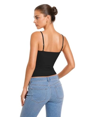 Women Sexy Square Neck Tank Top Summer Y2K Going Out Top Woman Casual Double Line Sleevess Basic Tanks Spaghetti Strap Camisole Shirts (Black,XL) - Thumbnail 4