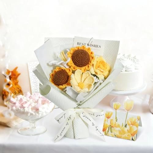 FLOLVISOU Crochet Flower Bouquet Handmade Artificial Flowers with Card - Thumbnail 6