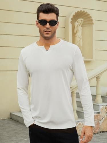 Hardaddy Men's V Neck Long Sleeve Ribbed Casual T-Shirt Solid Tee Shirts White M - Thumbnail 2