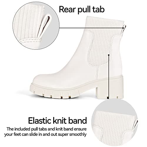 Athlefit Women's White Chelsea Boots Fall Platform Ankle Boots Slip on Chunky Lug Sole Boots - Thumbnail 4