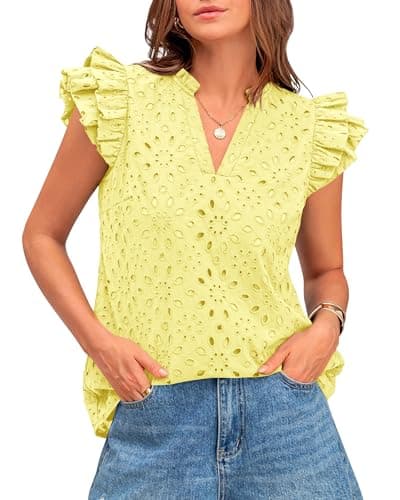 BTFBM Summer Eyelet Tops for Women 2026 Dressy Casual Spring V Neck Ruffle Cap Sleeve Embroidered Blouses Resort Wear(Yellow, XX-Large) - Image 1