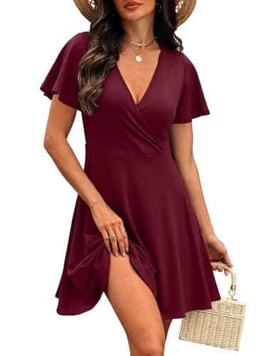 Wedding Guest Dressss Wrap V Neck Party Cocktail Sundress Red Summer Dress Mom Outfits Burgundy XL - Thumbnail 2