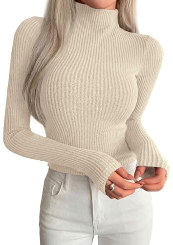 PRETTYGARDEN Long Sleeve T Shirts for Women Fall Fashion 2026 Mock Neck Fitted Ribbed Tee Tops Casual Basic Winter Clothing (Apricot,Small) - Image 1