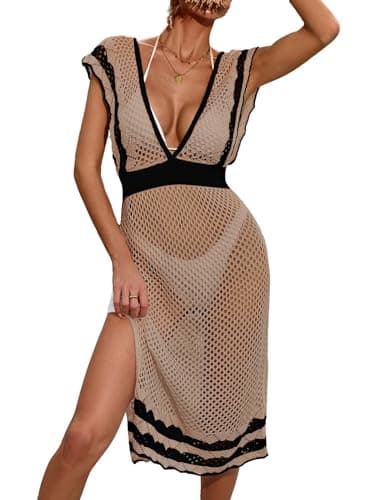BreathSunny Womens Crochet Open Knit Slim Fit Swimsuit Coverup Summer 2025 Sexy Backless V Neck Cap Sleeve Color Block Side Slit Swimwear Beach Swim Bathing Suit Cover Up Midi Dress Khaki+Black S - Image 1