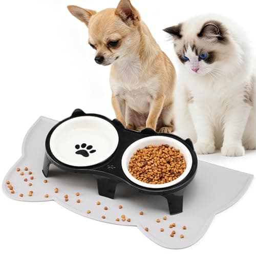 Ceramic Elevated Cat Bowls Kitty Bowls - 15° Tilt Anti-Vomiting, Silicone Mat Included, Whisker Friendly for Indoor Cats & Small Dogs (2-Pack) (Black) - Image 1