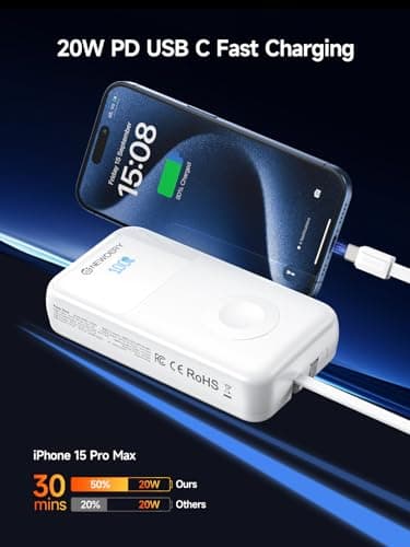 NEWDERY 5-in-1 Portable Charger 20000mAh Power Bank for Apple Watch/iPhone, PD 20W Fast Charging with LED Display, Built-in 2 Cables, Travel Battery Pack Compatible with iWatch, iPad, Samsung - Thumbnail 2