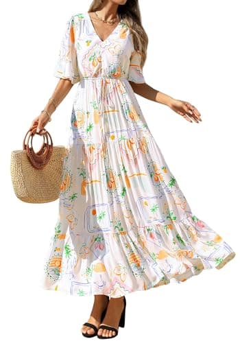 BTFBM Womens Summer Dresses 2026 Spring Casual Short Sleeve v Neck Boho Floral Flowy A-Line Tiered Maxi Dress Pockets(Floral White Multi, Medium) - Thumbnail 5