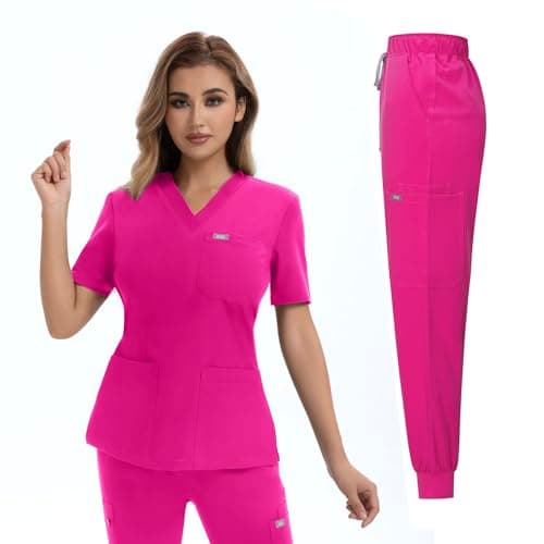 YEZEX Scrubs for Women Set, Medical Scrubs Top & Pants, Jogger Scrub Set w/ 10 Pocket, Slim Fit(Black)