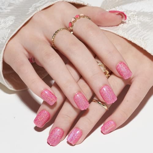 GLAMERMAID Laser Hot Pink Short Press on Nails, Aurora Cat Eyes Handmade Extra Short Squoval Glue on Nails for Women, Summer Square Soft Gel Fake Nails, Round Reusable Acrylic False Nail Kit for Women - Thumbnail 2
