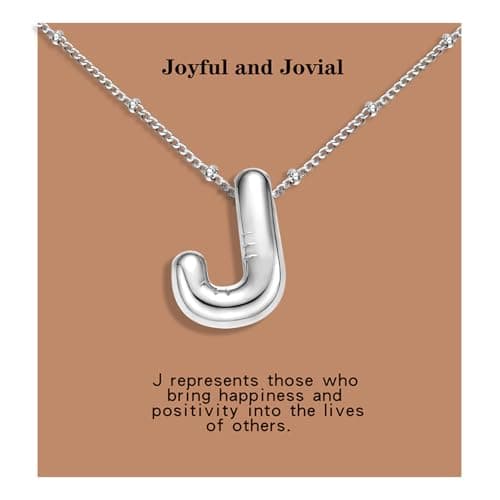 BOLAGTIER Bubble Letter Necklace Gold Plated Balloon Initial Chunky Bubble Alphabet Pendant Necklace Trendy Jewelry Gift for Women (J, Silver) - Thumbnail 2