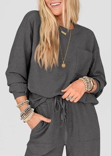 KIRUNDO Lounge Sets for Women 2026 Fall Airport Travel Outfits Ribbed Knit Tops Jogger Pants Tracksuit Postpartum Comfy Set(Dark Grey, Small) - Thumbnail 5