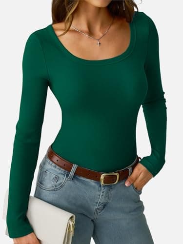 GKBK Scoop Neck Long Sleeve Tops for Women Ribbed Knit Slim Fitted Tight Basic T-Shirts Cute Layering Lightweight Fall Sweaters 2025 Fashion Outfits Dark Green - Thumbnail 2