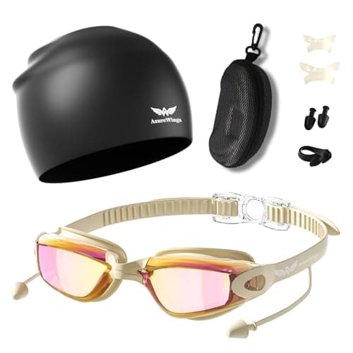 AzureWings 7 in 1 Swim Goggles + Swim Cap for Men Women,Goggles Swimming adult No Leak Anti-Fog & UV, Wide Visio HD Mirror PC Lens (Colorful beige) - Image 1