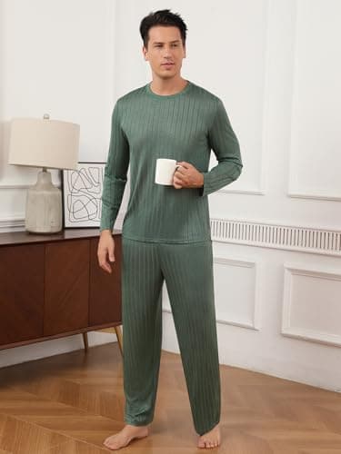 RQP Men's Pajama Sets Long Sleeve Crew Neck Lounge Set with Pockets,Light Green - Thumbnail 4
