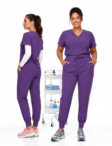 VECARDI Women's Scrub Jogger Pants High Waisted Stretch Nurse Work Bottoms 5 Pockets Elastic Waist Slim Fit Dark Purple - Thumbnail 4