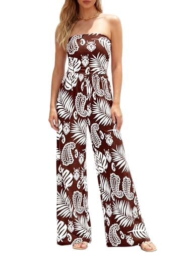 BTFBM Jumpsuits For Women Casual 2026 Floral Strapless Jumpsuit Wide Leg Rompers Beach Vacation Clothes Summer Outfits(Floral Brown White, XX-Large) - Image 1