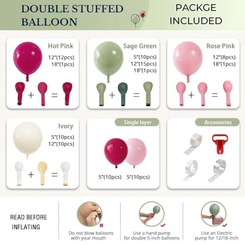 Hot Pink and Sage Green Balloon Garland Arch Kit, Double Stuffed Dusty Green Magenta & Ivory Balloon for Baby Shower, Garden Bridal Wedding, Floral Birthday, Boho Tea, Graduation,Tropical Party - Thumbnail 4
