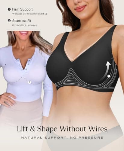 Jelly Bra Comfortable Bras for Women Wireless Push Up Bra Seamless Comfy No Underwire Supportive Bralettes Deep V Tshirt Bras Black - Thumbnail 2