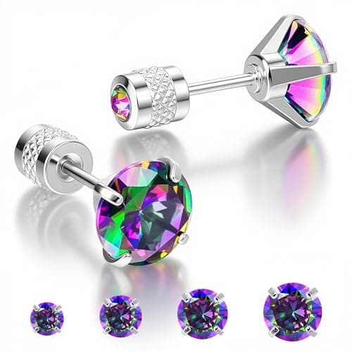 MHWTTY Hypoallergenic Cartilage Earrings for Women Men, 1 Pairs Titanium Stud for Women Gold Silver Black 20G Post & Screw Back with Cubic Zirconia 3 4 5 6 7 mm Piercing Jewelry (Silver+Rainbow CZ, 6mm)