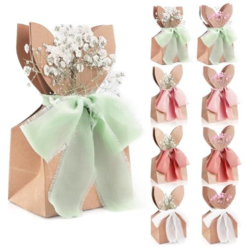 TOLGOE Easter Bunny Goodie Gift Bags - 24 Pcs DIY Boho Rabbit Ear Paper Gift Boxes with Dried Flowers & Ribbon for Candy Treats, Neutral Spring Party Favors for Classroom Birthday - Image 1
