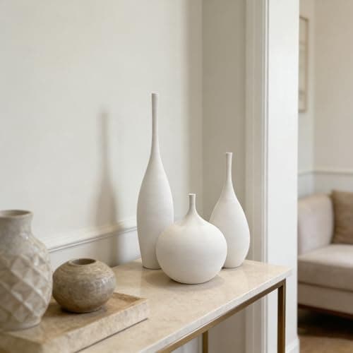 DecoVlog White Ceramic Vase Set of 3, Modern Boho Vases for Centerpiece Decor, Matte Minimalist Decorative White Vases Home Decor, for Living Room, Bookshelf, and Entryway Table Decor - Thumbnail 5