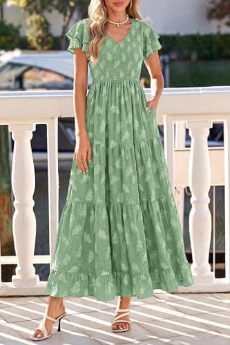 dowerme Maxi Dresses for Women 2026 Summer Ruffle Sleeve V Neck Smocked A Line Floral Boho Tiered Sundress Spring Outfit(Green,Large) - Thumbnail 3