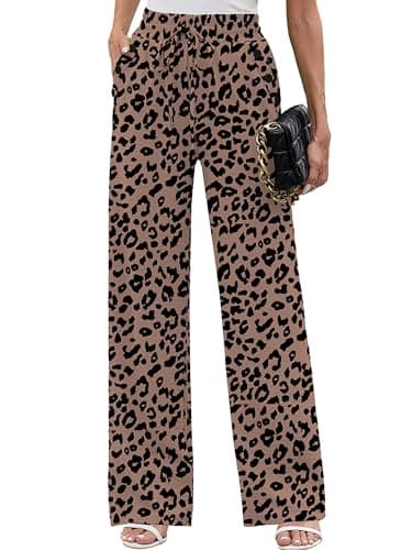 Heymoments Women Wide Leg Pants Light Coffee Leopard Large High Waist Loose Casual Pants Adjustable Tie Knot Belted Long Straight Trousers with Pockets - Image 1