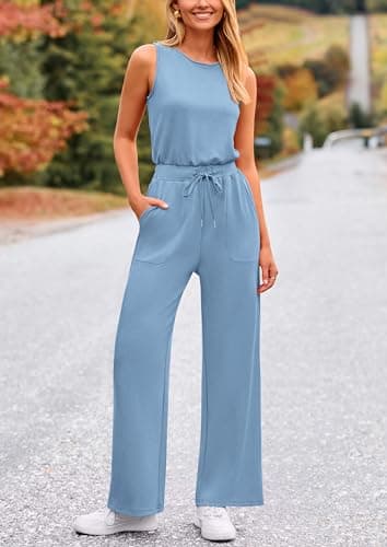 PRETTYGARDEN Jumpsuits for Women Casual 2026 Summer Sleeveless Wide Leg Pants Rompers One Piece Beach Vacation Spring Outfits (Light Blue,X-Large) - Thumbnail 3