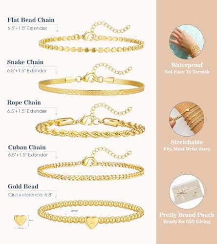 doubgood Gold Bracelets for Women Waterproof Stackable Heart Initial Charm Bracelets Set J Letter 14K Gold Plated Adjustable Chain Link Stack Jewelry Gifts for Women Mother's Day - Thumbnail 5