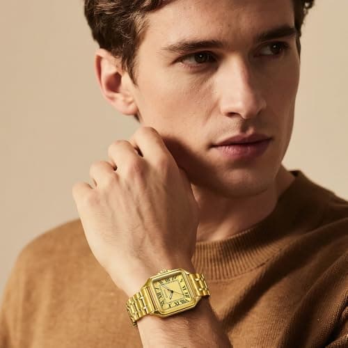 KNISKRED Classic Square Watch for Men with Vintage Roman Numeral and Solid Stainless Steel Band (Gold) - Thumbnail 4
