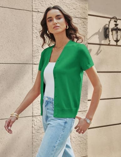 GRACE KARIN Summer Cardigan 2026 Knit Button Down Sweater Casual V Neck Short Sleeve Jacket Dressy (Green,L) - Thumbnail 4