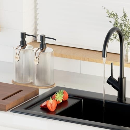 18Oz Soap Dispenser Set with Black Stainless Steel Pump & Wood Tray - Vertical Stripe Design Refillable for Dish Soap & Hand Soap, Fits Kitchen & Bathroom Countertops - Thumbnail 4