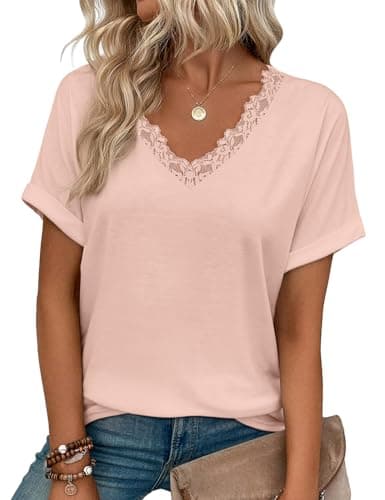 JUSTFASHIONNOW Womens Summer Tops Short Rolled Sleeve V Neck Tshirts 2026 Casual Dressy Business Work Blouses(Apricot Large) - Image 1
