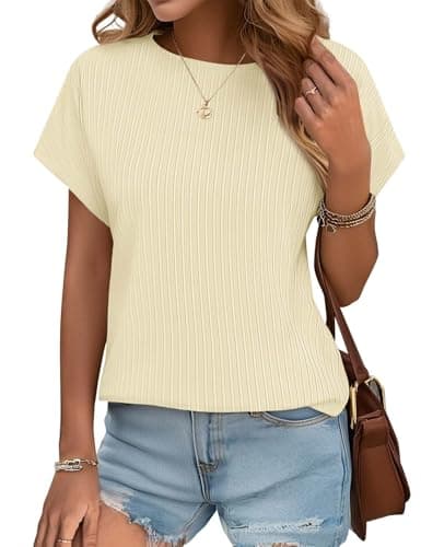 JUSTFASHIONNOW Short Sleeve Blouses for Women Business Casual Shirts Crew Work Tops Neck Basic Tees Textured Cute Office Outfits(Cream,XXL) - Thumbnail 2