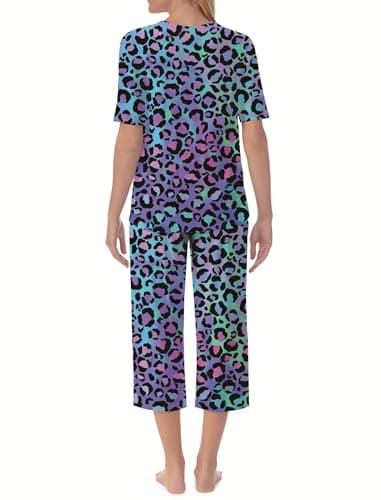QCIV Soft Womens Pajama Sets V Neck Top and Capri Pants with Pockets Cute Sleepwear PJS Set, Blue Leopard, Large - Thumbnail 2