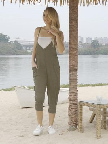 STOLKISS Women’s Spaghetti Strap Jumpsuits Summer Casual Sleeveless V Neck Thin Shoulder Strap Adjustable Jumpsuit Pant with Pockets (Y017 Khaki, XX-Large) - Thumbnail 4