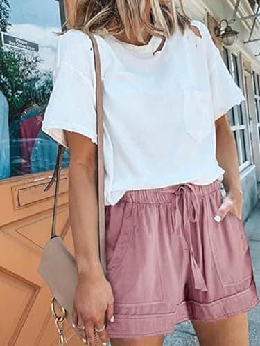 NILOINE 2025 Womens Summer Drawstring Shorts Solid Elastic Waist Casual Beach Shorts Pull On Short Pants with Pockets(1-Pink,Medium) - Thumbnail 2