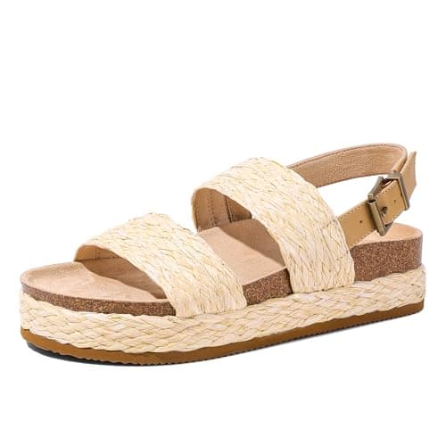 Marc Ford Women Summer Platform Beach Sandals Fashion Raffia Woven Wedge Sandal Ankle Strap Buckle - Open Toe, Espadrilles Woven, Comfortable, Non-Slip, Daily Versatile, 10 - Image 1
