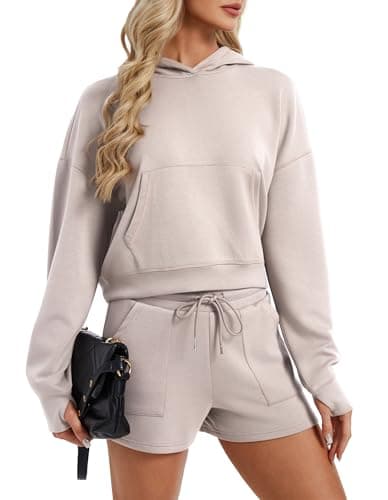 SPECIALMAGIC Women's 2 Piece Scuba Hoodie and Shorts Set Cozy Stretchy Sweatsuit Set Athleisure Outfit Lounge Street Oatmeal X-Large - Image 1