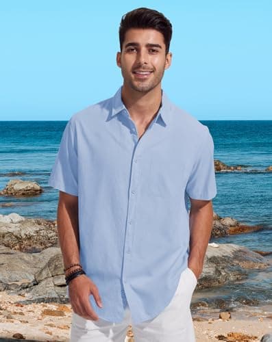 JEKAOYI Button Down Linen Shirts for Men Short Sleeves Cotton Casual Shirt with Pockets for Summer Beach - Thumbnail 2