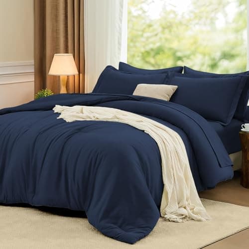 FUANNA Full Size Comforter Sets Navy Blue, 7 Pieces Soft Bed in a Bag Full, All Season Lightweight Bed Sets with Comforter, Flat Sheet, Fitted Sheet, Pillowcases & Shams - Image 1