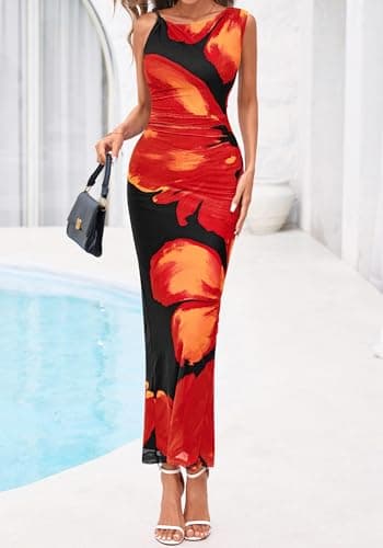 BTFBM Women Floral Cocktail Wedding Guest Dress Summer Spring 2026 Twist Strap Bodycon Mesh Beach Vacation Maxi Dresses(Floral Black Red, Small) - Thumbnail 6