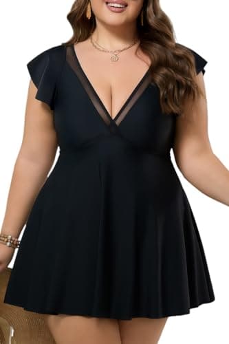 COCOPEAR Plus Size Swimsuit for Women Mesh Swim Dress Ruffle Swim Suits Tummy Control V Neck Bathing Suit Skirt Black - Image 1