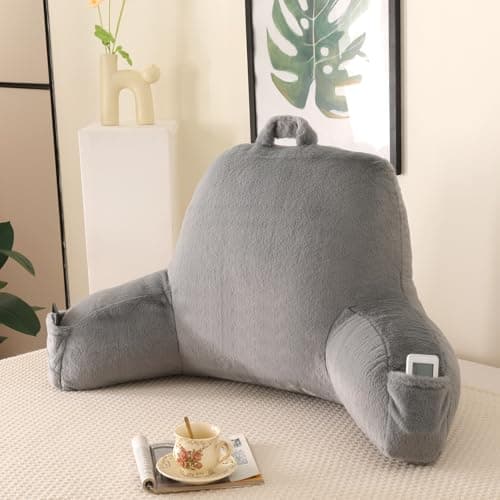 PAJEO Back Pillow for Bed Sitting Up,Large Backrest Reading Pillow with Arm Rest,Back Rest Support Cushion for Sitting Up on Couch,Sofa,Floor,Dorm Essentials (Grey Faux Fur,Standard(17"))