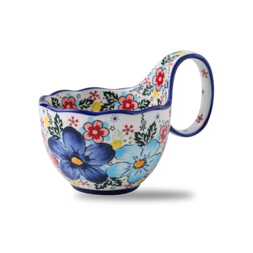 18oz Large Soup Bowl with Loop Handle, Ceramic Handpainted Decorative Mug Cup with Handle, Bowl for Soup Cereal Fruits Chili Stew Ice Cream, Dishwasher Microwave Safe Housewarming Gift for Mom - Image 1