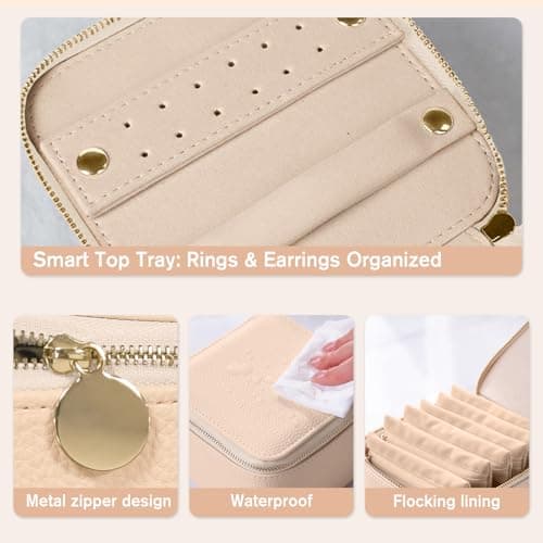 WOOMADA Travel Jewelry Case, Portable Jewelry Box with 6 Velvet Jewelry Zipper Pockets,Gift Idea for Women(beige) - Thumbnail 5